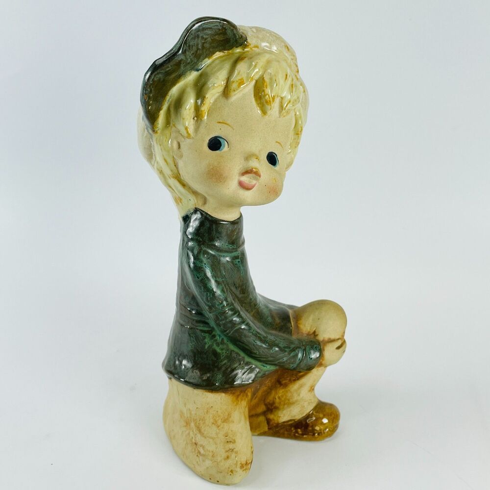 Lefton 7987 Boy Baseball Cap Hat Porcelain Figurine 7 in Green Yellow Vintage